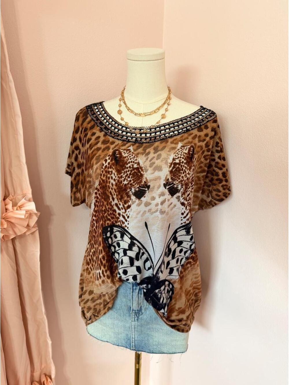 Y2K Paris Pink Leopard Butterfly Mesh Top | Animal Print Embellished Boho Tee -L